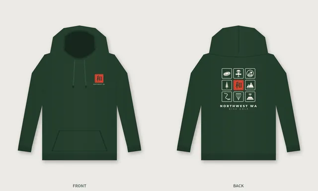 Forest green hoodie, front and back, with the hanko stamp grid on the back