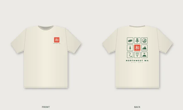 Ivory tee, front and back: a small red 和 seal on the chest and a 3 × 3 grid of green course stamps on the back