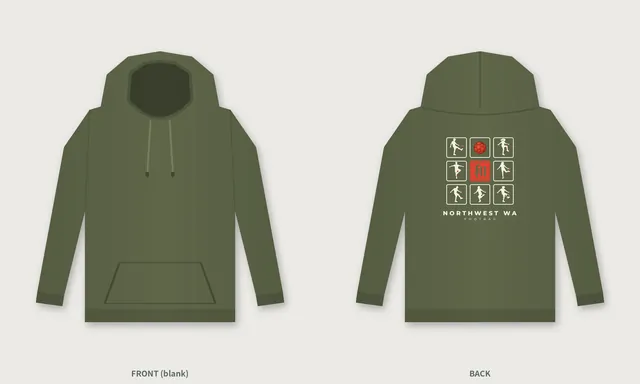Military green hoodie, front and back, with the footbag stamp grid on the back