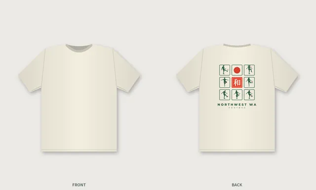 Ivory tee, front and back, with a 3 × 3 grid of footbag move stamps on the back