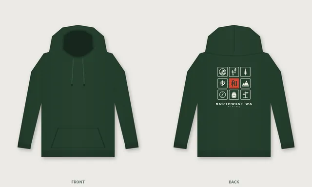 Forest green hoodie, front and back, with the trail stamp grid on the back