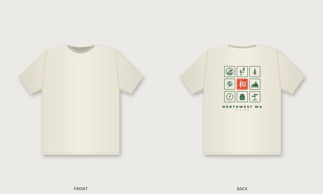 Ivory tee, front and back, with a 3 × 3 grid of trail stamps on the back