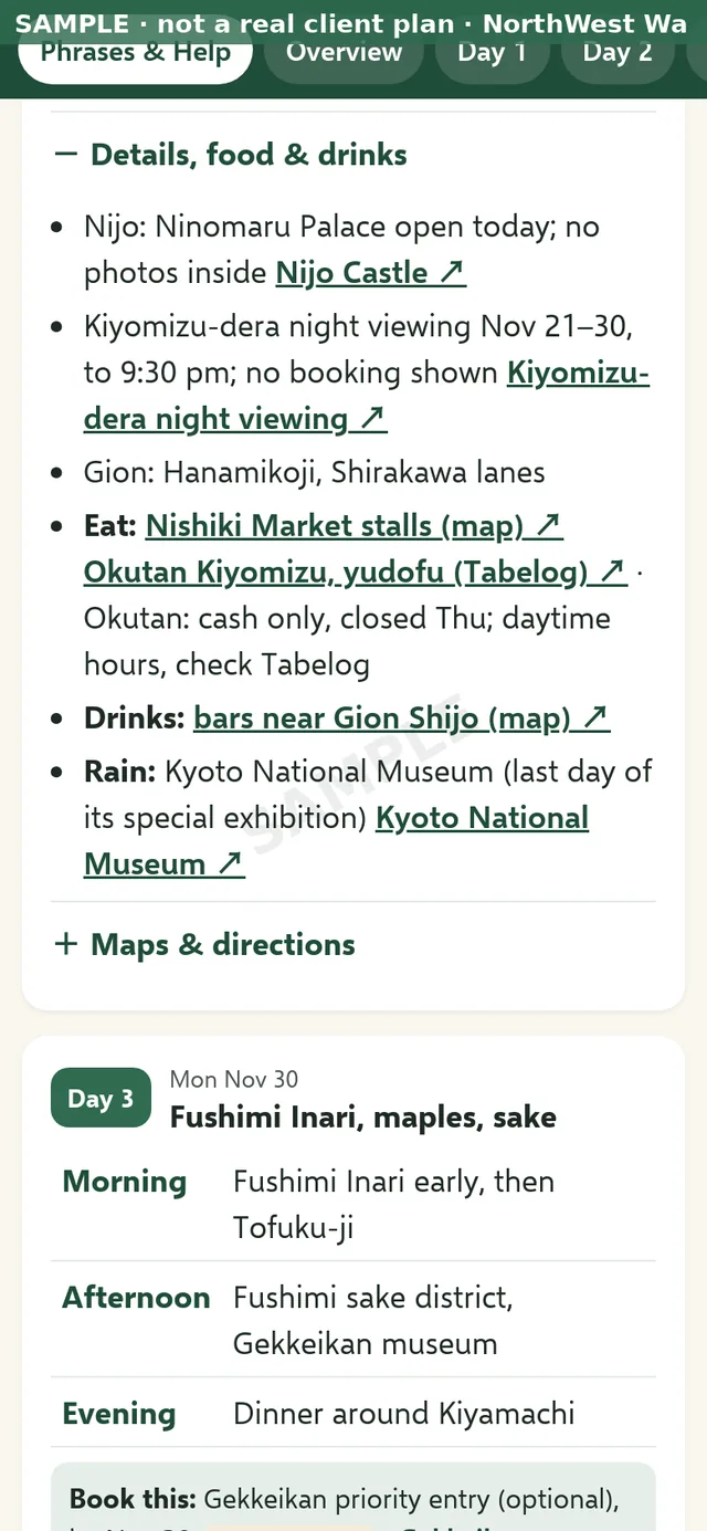 Sample phone trip page: one day, details expanded