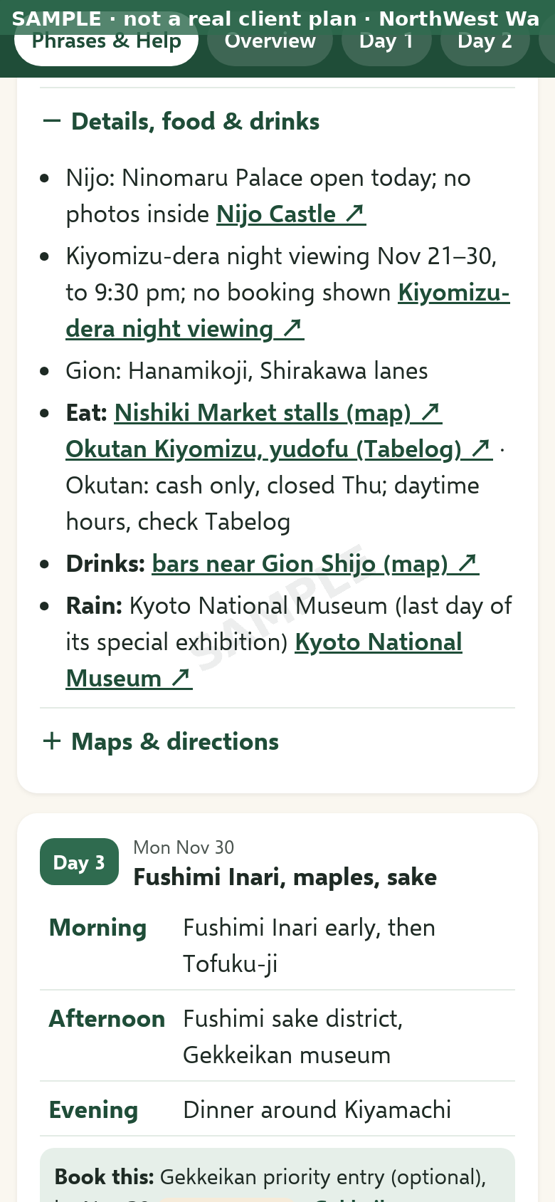 Sample day from a custom Japan itinerary: times, trains, food and notes for one day