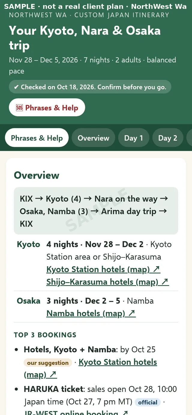 Sample phone trip page, top of screen