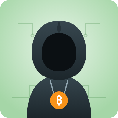 Illustration of a faceless hooded figure wearing an orange Bitcoin pendant, representing the anonymous Satoshi Nakamoto